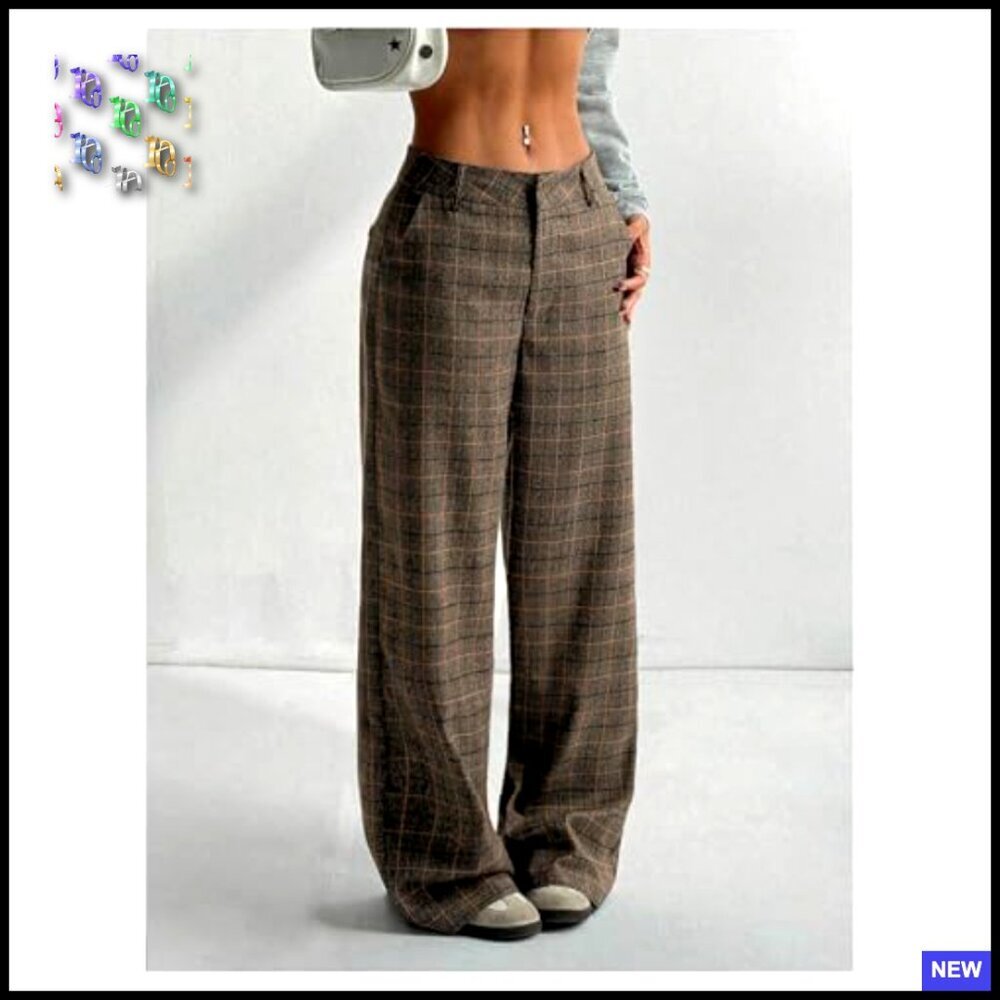 Plaid Wide Leg Trousers Low Rise Casual Flannel Palazzo Pants with Pockets - Picture 3 of 5